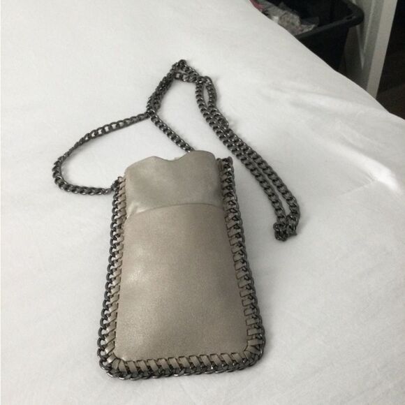 Handbag Phone Case Gunmetal Colored Chain Cross Body Leather Silver Color Silver - Picture 8 of 9